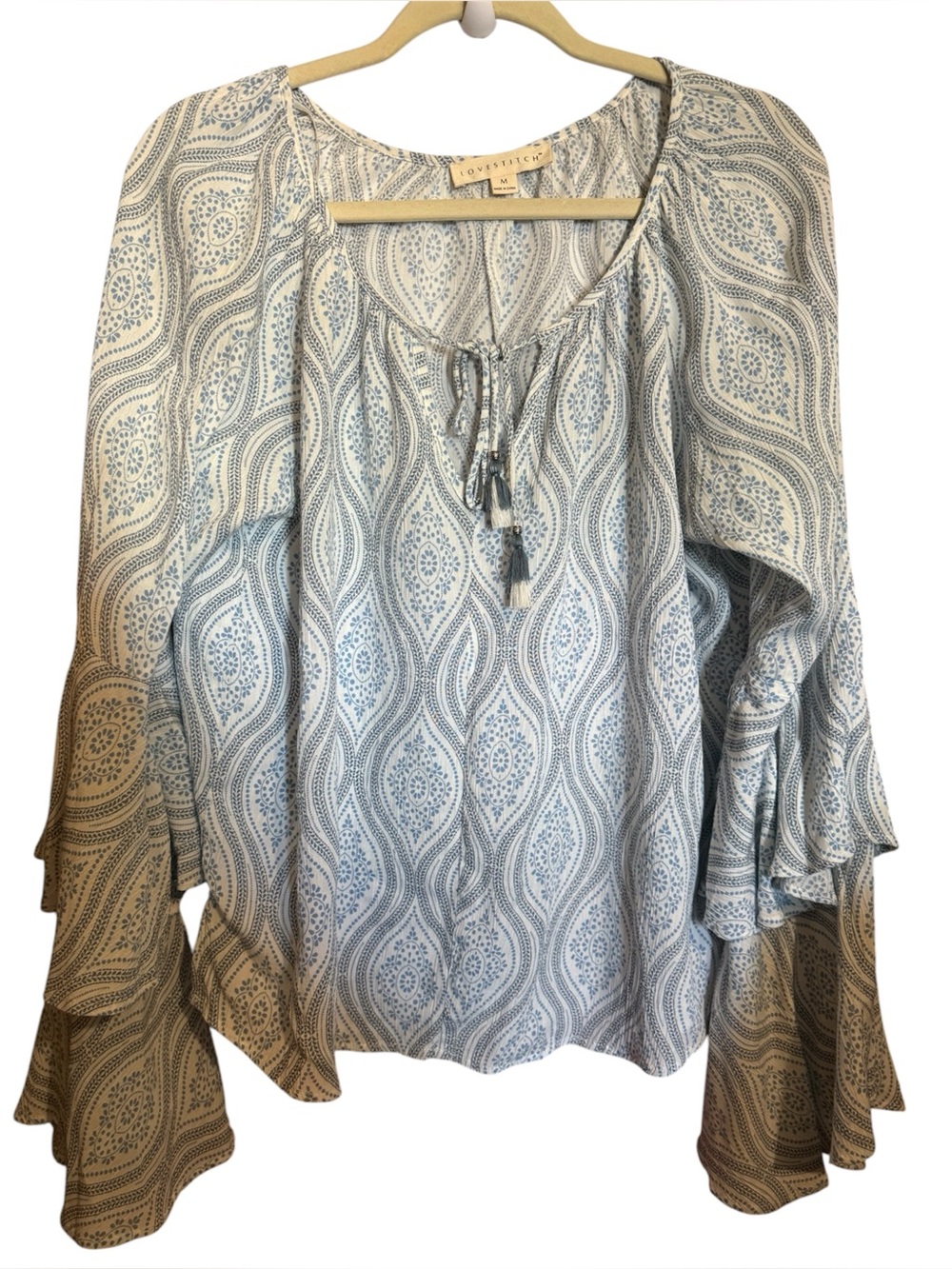 Love Stitch Blue Patterned boho Peasant Blouse tiered bell sleeve ladies medium